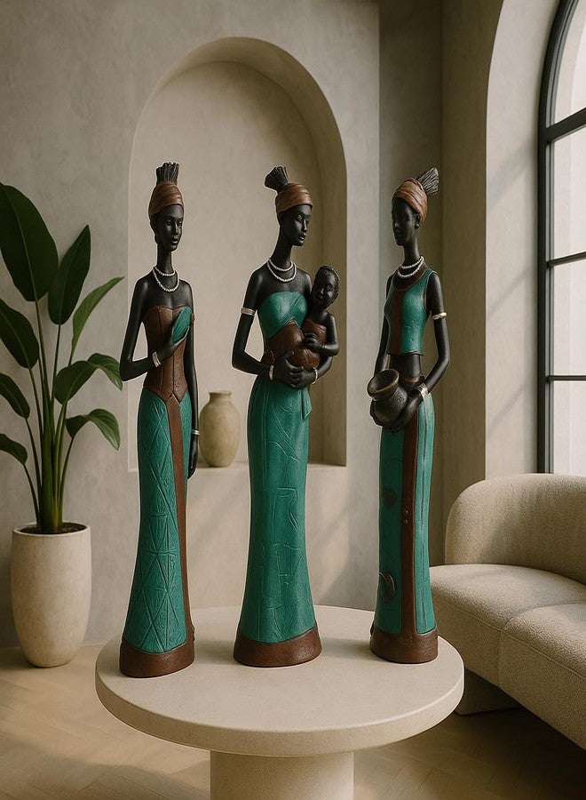 اكستور إكستوري - تشطيب جميل، قطعة فنية فريدة مصنوعة يدوياً لديكور المنزل، تمثل نساء قبائل أفريقية - (مجموعة من 3 قطع، باللونين الأخضر والأسود) - Image 5